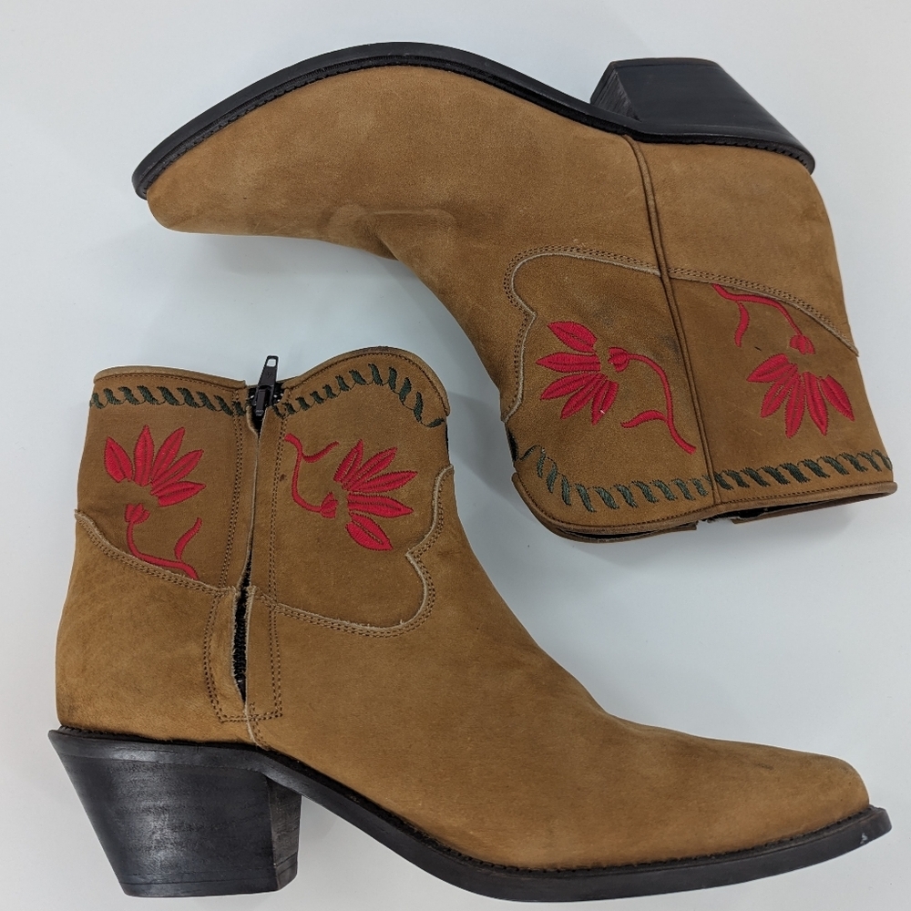 VTG Code West By Dan Post Ankle Boots Embroidered Floral 8.5M Cowgirl Leather